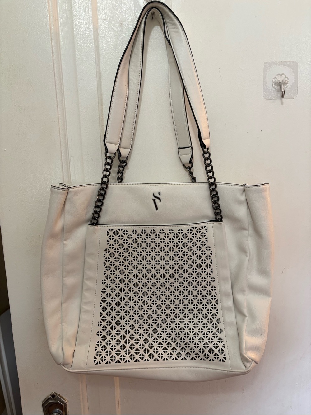 Simply Vera Vera Wang White Perforated Tote with Chain-Trim Straps